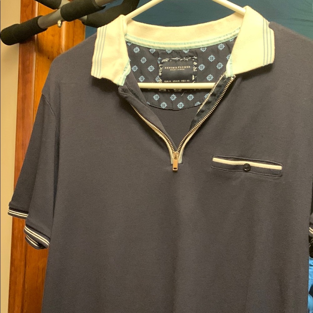 Denim & Flower blue and White Polo Shirt with Stylish Zip Collar